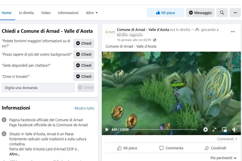 La pagina Facebook hackerata del Comune di Arnad