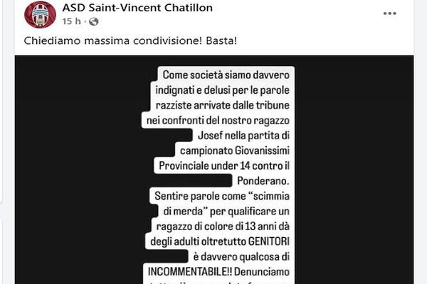 Il messaggio social dell'Asd Saint-Vincent Châtillon