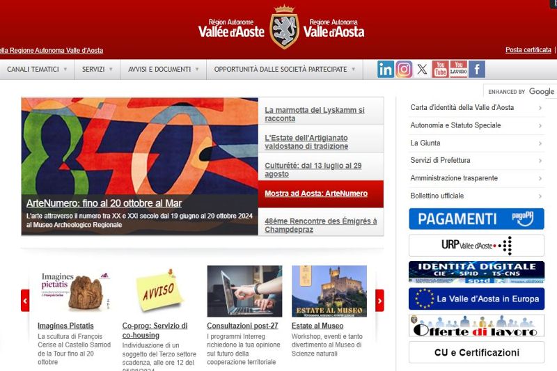 La home page del sito regione.vda.it